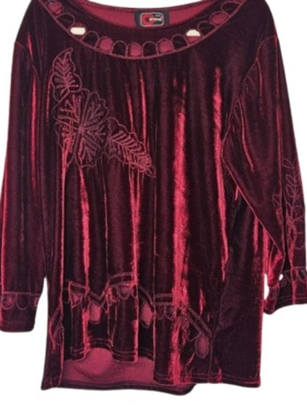 Vintage Cherry Krave Womens Emroidered Crushed Velvet Top Maroon Cut Outs XXL
